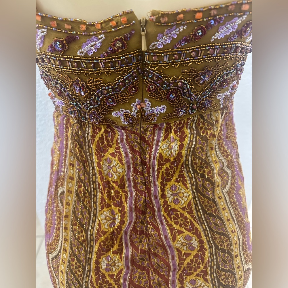 Y2K Vintage Boho Dolce Jovani Silk Beaded Front Slit Earth Tomes Size 4 Dress - Picture 10 of 16